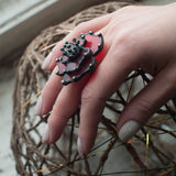 Flower Glass Ring, poppy ring, Red Flower Ring, poppy jewelry, signet ring, floral ring, nature ring, carved shell flowers, stained glass