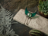 Green Pendant - Crescent Moon Mirror - Stain Glass Moon Necklace, Boho Accessory, green glass necklace, lunar necklace, Moon Jewelry
