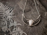 White Moonstone Necklace, Crescent LARGE MOON Charm Pendant, Sterling Silver, Stained Glass, fantasy charms , goddess pendant