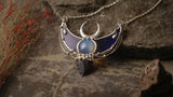 Sterling Silver Surface (optional) double horn pendant, Crescent Moon with Indian agat and stain glass. Modern juwelry, arrow necklace