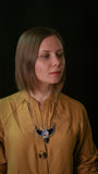 Sterling Silver Surface (optional) double horn pendant, Crescent Moon with Indian agat and stain glass. Modern juwelry, arrow necklace
