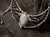 White Moonstone Necklace, Crescent LARGE MOON Charm Pendant, Sterling Silver, Stained Glass, fantasy charms , goddess pendant