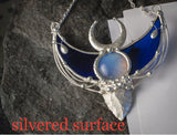 Sterling Silver Surface (optional) double horn pendant, Crescent Moon with Indian agat and stain glass. Modern juwelry, arrow necklace