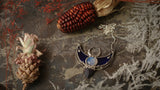 Sterling Silver Surface (optional) double horn pendant, Crescent Moon with Indian agat and stain glass. Modern juwelry, arrow necklace