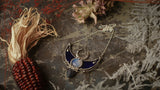 Sterling Silver Surface (optional) double horn pendant, Crescent Moon with Indian agat and stain glass. Modern juwelry, arrow necklace