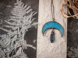 Blue Moon with crystal- titanium quartz, crescent watercolor Lunula, Double Horn Pendant, half moon, Moonchild Boho Necklace - Luna,