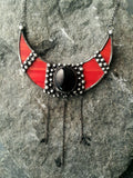 Red Stained Glass Crescent Moon with black cabochon, Viking Lunula, Double Horn Pendant, half Moon, Witchcraft Boho Necklace - Luna