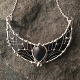 Black Moonstone Necklace- New Moon, Crescent LARGE MOON Charm Pendant, Sterling Silver, Dark Stained Glass, fantasy charms, elf accessory