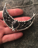 Black Moonstone Necklace- New Moon, Crescent LARGE MOON Charm Pendant, Sterling Silver, Dark Stained Glass, fantasy charms, elf accessory