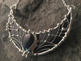 Black Moonstone Necklace- New Moon, Crescent LARGE MOON Charm Pendant, Sterling Silver, Dark Stained Glass, fantasy charms, elf accessory