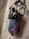 Fluorite with a singing bird on a branch at the moon in the form of a moonstone, Crystal Pendant, Gemstone Pendant, Healing Crystals,