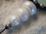 Pendant with 3 pearl, miniature mother of pearl crescent from light green to pink iridescence stain glass.
