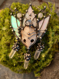 Pendant- cosmo-elf. Necklace with clay mask, natural moonstone, quartz cerystal. Steampunk pendant, witchcraft