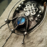 Brass pendant- cosmic octopus with crescent moon from opalite and eye is natural moonstone. Brass Fantasy Pendant
