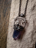Fluorite with a singing bird on a branch at the moon in the form of a moonstone, Crystal Pendant, Gemstone Pendant, Healing Crystals,