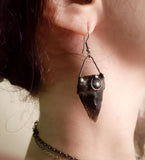 Black Earrings from hypoallergenic medical steel and Natural Stone- Obsidian and Falcon Eye, Arrowhead form, Witchcraft Jewelry