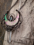Quartz and Stain Glass Moon pendant with irisation, bright necklace Lunula, Double Horn Pendant, half moon, Boho Necklace - Luna.