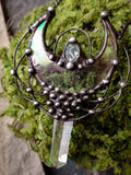 Quartz and Stain Glass Moon pendant with irisation, bright necklace Lunula, Double Horn Pendant, half moon, Boho Necklace - Luna.