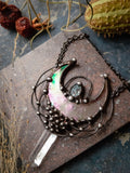 Quartz and Stain Glass Moon pendant with irisation, bright necklace Lunula, Double Horn Pendant, half moon, Boho Necklace - Luna.