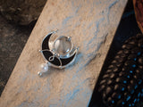 Brooch- "silver songs of birds" Silver plated black Stain Glass Brooch with natural pearl, white and black vintage brooch.