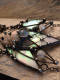 Pendant- cosmo-elf. Necklace with clay mask, natural moonstone, quartz cerystal. Steampunk pendant, witchcraft