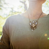 Pendant- cosmo-elf. Necklace with clay mask, natural moonstone, quartz cerystal. Steampunk pendant, witchcraft