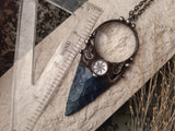 Pendant with natural stone - indian agat, magnifying glass and hand-drawn compass under another magnifying glass. For Men and Women