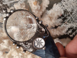 Pendant with natural stone - indian agat, magnifying glass and hand-drawn compass under another magnifying glass. For Men and Women