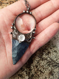 Pendant with natural stone - indian agat, magnifying glass and hand-drawn compass under another magnifying glass. For Men and Women