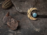 Large Pendant- Crescent Yellow Moon with blue drop, Lunula Necklace, Yellow Stained glass necklace,