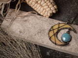 Large Pendant- Crescent Yellow Moon with blue drop, Lunula Necklace, Yellow Stained glass necklace,
