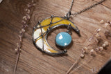 Large Pendant- Crescent Yellow Moon with blue drop, Lunula Necklace, Yellow Stained glass necklace,