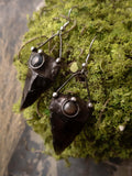 Black Earrings from hypoallergenic medical steel and Natural Stone- Obsidian and Falcon Eye, Arrowhead form, Witchcraft Jewelry