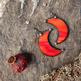 Crescent Moon red Earrings with Hypoallergenic Stainless Steel Earring Hooks! Stain Glass Witchy Earrings, Festival Boho Earrings.