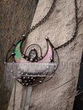 Quartz and Stain Glass Moon pendant with irisation, bright necklace Lunula, Double Horn Pendant, half moon, Boho Necklace - Luna.