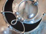 Brooch- "silver songs of birds" Silver plated black Stain Glass Brooch with natural pearl, white and black vintage brooch.