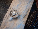 Brooch- "silver songs of birds" Silver plated black Stain Glass Brooch with natural pearl, white and black vintage brooch.