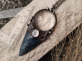 Pendant with natural stone - indian agat, magnifying glass and hand-drawn compass under another magnifying glass. For Men and Women