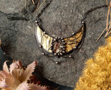 Golden Crescent Moon Pendant with bismuth crystal