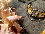 Golden Crescent Moon Pendant with bismuth crystal