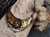Golden Crescent Moon Pendant with bismuth crystal