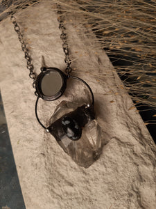 Necklace with Snow Obsidian, Raw Crystal and Mirror