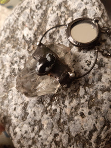 Necklace with Snow Obsidian, Raw Crystal and Mirror