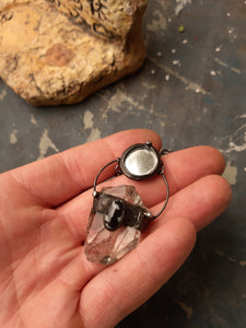 Necklace with Snow Obsidian, Raw Crystal and Mirror