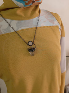 Necklace with Snow Obsidian, Raw Crystal and Mirror
