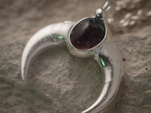 White Crescent Moon Pendant with fluorite