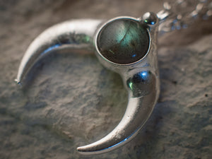 White Crescent Moon Pendant with labrador