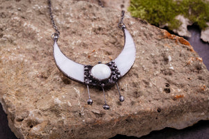 White Moon Necklace, Crescent Moon Pendant, Custom Moon, Stained Glass, Half Moon Jewelry, women power, Gift for her, handmade boho necklace