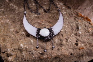 White Moon Necklace, Crescent Moon Pendant, Custom Moon, Stained Glass, Half Moon Jewelry, women power, Gift for her, handmade boho necklace