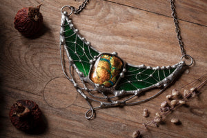 Forest Crescent Moon with cabochon from dichroic glass, green necklace, witchcraft, gothic jewelry, witchy, magical jewelry, witch jewelry